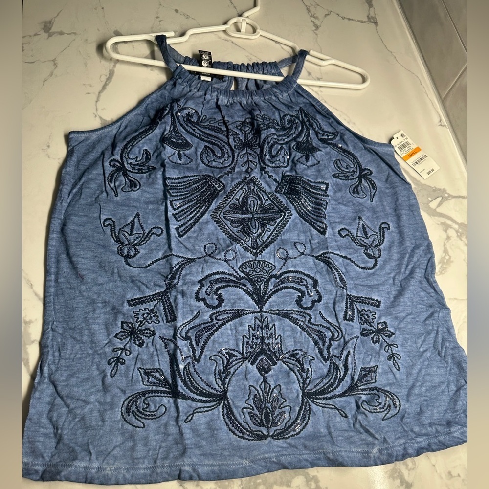 INC international concepts 100% cotton blue sequin Paisley halter NWT size small
